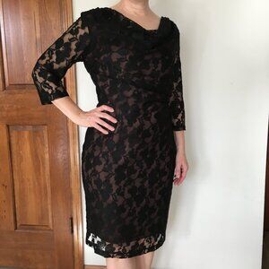 Black Lace Party Dress Cowl Neckline Ruched Side Sz. 10